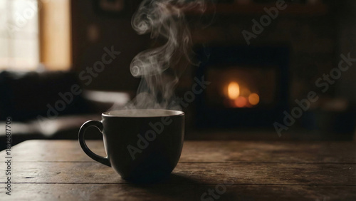 Cozy Coffee Cup with Steam in Warm Interior