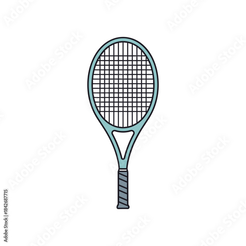 Tennis racket illustration with a blue frame and black strings.