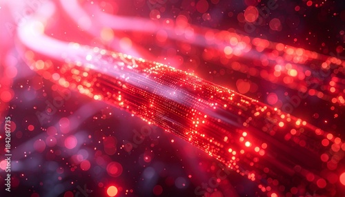 Red Fiber Optics in Action: An artistic depiction of red fiber optic cables pulsating with light, signifying the flow of data. 