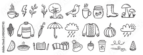 Autumn or nature fall season with falling leaves, umbrella doodle hand drawn icon elements set. Outline drawing autumn or fall line clipart symbol collection