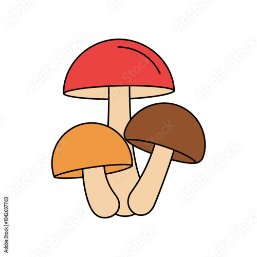 Three colorful cartoon mushrooms with red orange and brown caps.