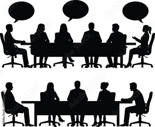 Silhouette business meeting with team sitting at conference table discussing ideas and communication represented by speech bubbles