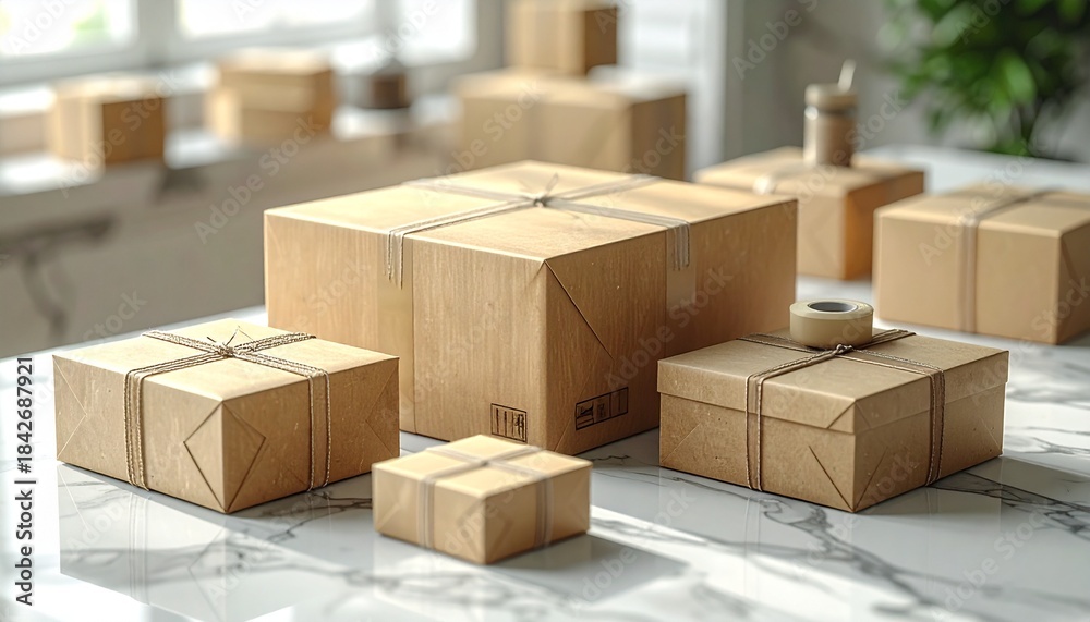 Fototapeta premium Boxes Ready for Dispatch: A neatly arranged collection of parcel-wrapped boxes, poised for shipment, sitting on a marbled surface. An everyday scene.