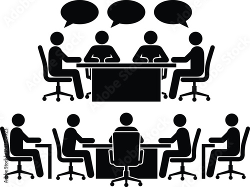 Silhouette business meeting with team sitting at tables communicating ideas shown in speech bubbles during group discussion