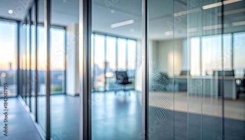 Wallpaper Mural Modern Corporate Oasis: A sleek, light-filled office space offers a serene environment for productivity. Gleaming glass walls reveal city views and minimalist interior design. Torontodigital.ca