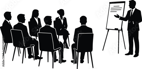 Silhouette business team attending presentation with speaker at flip chart, corporate communication training, leadership meeting, professional group discussion session