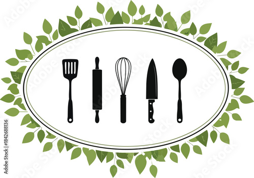 Kitchen Utensils Wreath Culinary Tools and Green Leaves Design