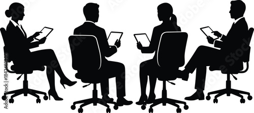 Silhouette business team using digital tablets during meeting, corporate collaboration, modern technology workflow, professional discussion and office communication scene