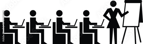 Silhouette classroom training with instructor teaching students using laptops, business education workshop, computer learning and professional development session