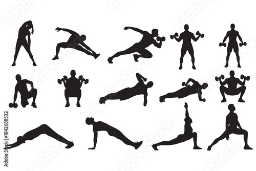 Fitness Silhouette Bundle Male & Female Workout Gym Yoga Exercise Vector Set