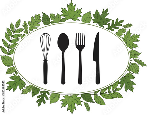 Culinary Arts Whisk, Spoon, Fork, Knife Surrounded by Greenery