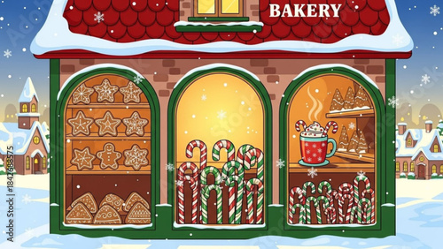 Cozy Christmas Bakery: A whimsical illustration depicts a charming bakery, adorned with festive decorations and offering a delightful array of seasonal treats.
