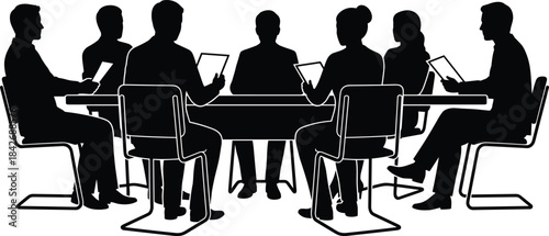 Silhouette of business professionals seated at conference table reviewing documents during meeting, teamwork, corporate discussion and office collaboration