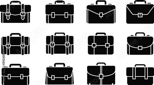 Set of twelve black briefcase icons, business portfolio bag symbols, office suitcase collection, isolated on white background, cad drawing flat vector illustration.