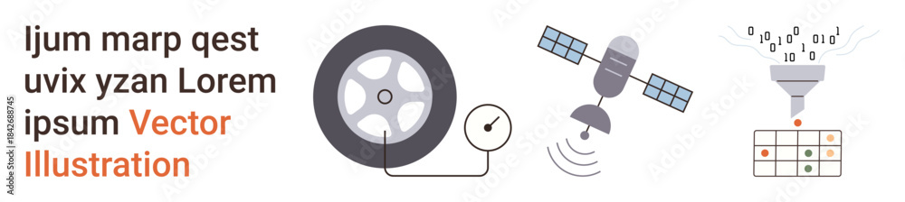 Fototapeta premium Technology, innovation, automation, data analysis, communication, remote monitoring. Wheel with sensor, satellite data flow funnel grid elements. Technology and innovation concept