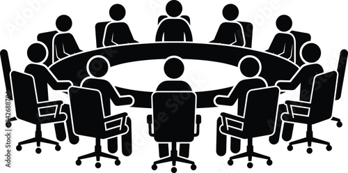 Silhouette of group meeting around large round conference table with office chairs in business discussion teamwork illustration