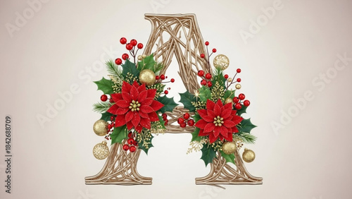 Festive Letter A: An ornate A is adorned with vibrant red poinsettias, berries, and ornaments, exuding holiday cheer. The rustic, woven construction provides a warm backdrop for this seasonal symbol.