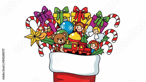 Holiday Cheer: A whimsical illustration of a Christmas stocking brimming with festive gifts and decorations, evoking the excitement and magic of the season.