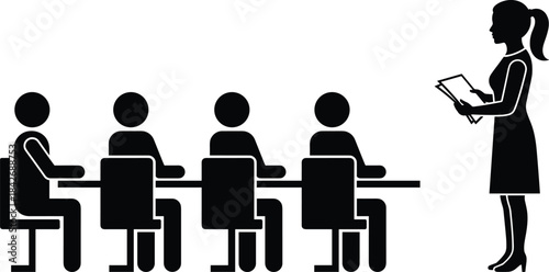 Silhouette of woman presenting to seated audience in meeting or training session, business education, briefing, lecture communication concept