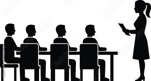 Silhouette of woman presenting to seated audience during meeting or training session, business presentation, lecture, education communication concept