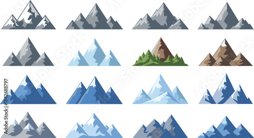 Set of twelve unique geometric mountains, including snow-capped peaks, rocky hills, and ice formations, in various flat design colors, vector illustration.