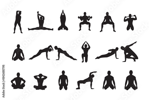 Fitness Silhouette Bundle Male & Female Workout Gym Yoga Exercise Vector Set