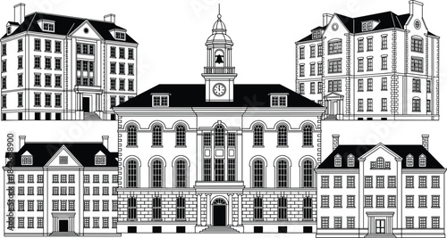 Set of university buildings, college campus architecture, government town hall, school library, colonial structure, city landmark, technical cad drawing flat vector illustration