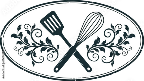 Culinary Artistry Spatula and Whisk Emblem with Flourish for Food Branding