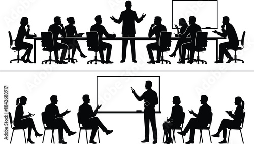 Silhouetted business team in two meeting scenes featuring conference table discussion and whiteboard presentation for corporate communication and training
