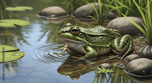 Frog in Pond with Lily Pads.