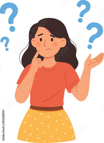 Young wonam doubts and questioning everything. Young girl in casual clothes surrounded by a question marks. Flat cartoon vector illustration.