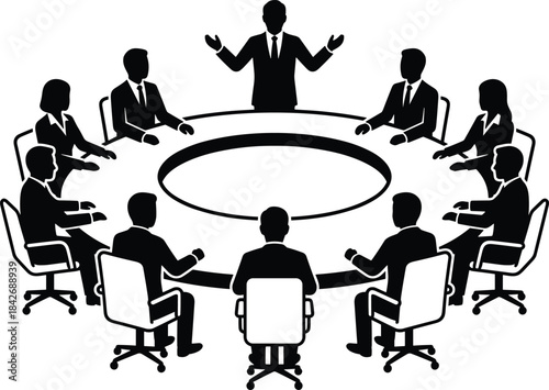 Silhouetted business team seated around round conference table during corporate meeting with leader presenting ideas and guiding group discussion