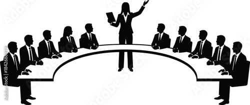 Silhouetted female leader presenting ideas to corporate team seated at curved conference table during business meeting, strategy discussion, and collaboration