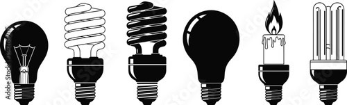 Set of various light bulb designs including classic, spiral, candle and energy-saving types, black silhouette vector illustration elements