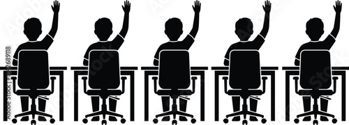 Silhouetted students seated at desks raising hands during classroom lesson, active participation, learning session, education activity, and school engagement
