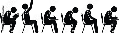 Silhouetted students sitting in classroom chairs showing different learning activities including reading, writing, raising hand, studying, and classroom participation