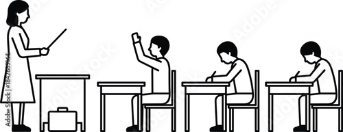 Teacher instructing students in classroom as children sit at desks writing and raising hands during lesson