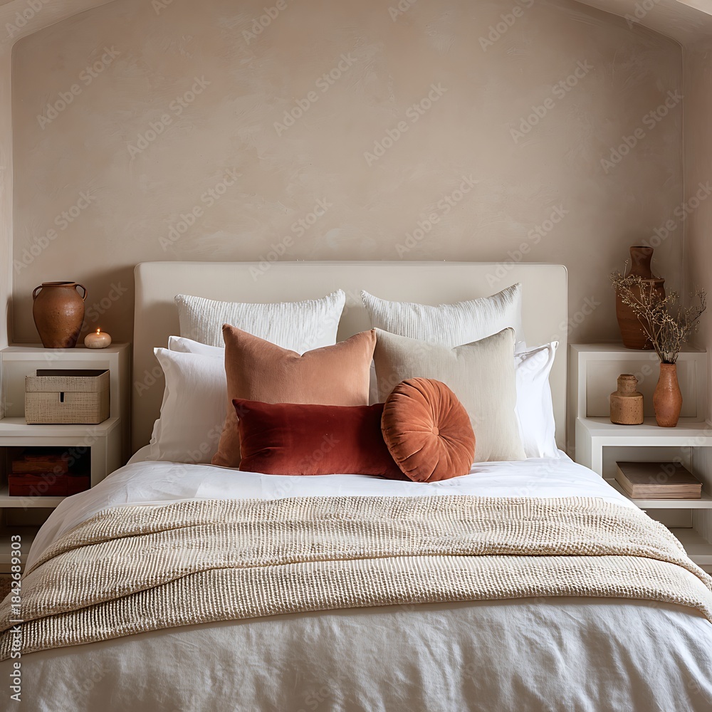 Obraz premium Serene Modern Bedroom Interior with Neutral Tones and Decorative Pillows