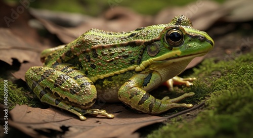 Green Frog Resting on Forest Floor.
