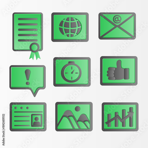 Green gradient icon set representing communication, data, approval, and time management.