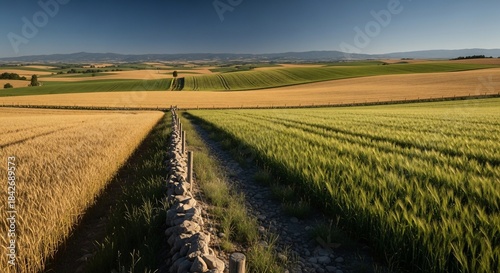 Golden Fields and Distant Hills Landscape.