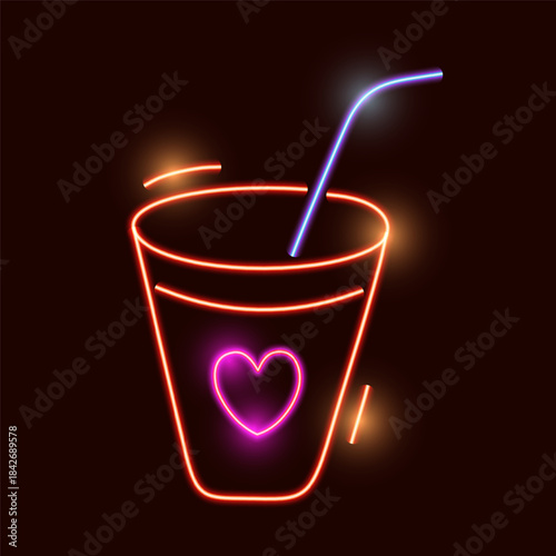 Glowing neon drink cup with heart symbol and straw on dark background.