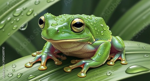 Green Tree Frog on Leaf with Dew.