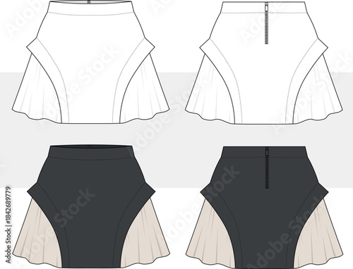 Women's mini skirt with ruffled sides fashion technical drawing, illustration. Mini skirt vector, front and back view. CAD, Mockup.