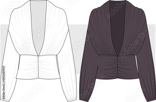 Women's draped blouse, top fashion technical drawing, illustration. Blouse with gathered waist vector. Front view, CAD, Mockup.