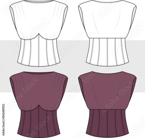 Women's sleeveless t-shirt with waist corset detail fashion technical drawing, illustration. Blouse vector, front and back view. CAD, Mockup Set.