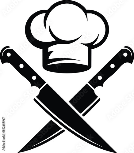 Chef's Hat and Crossed Knives (Culinary Emblem), Crossed Chef Knives and Toque, Restaurant or Culinary Logo Design, Monochrome Icon of Cooking Tools, silhouette, illustration, vector.