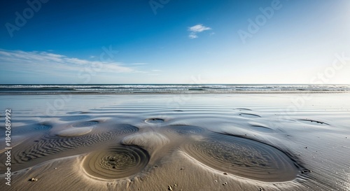 Tranquil beach scene with clear blue sky.