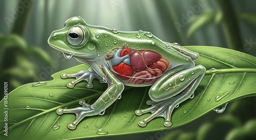 Transparent Frog Anatomy on Leaf Illustration.