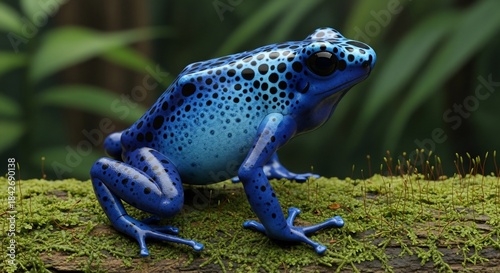 Vibrant Blue Poison Dart Frog on Mossy Branch.